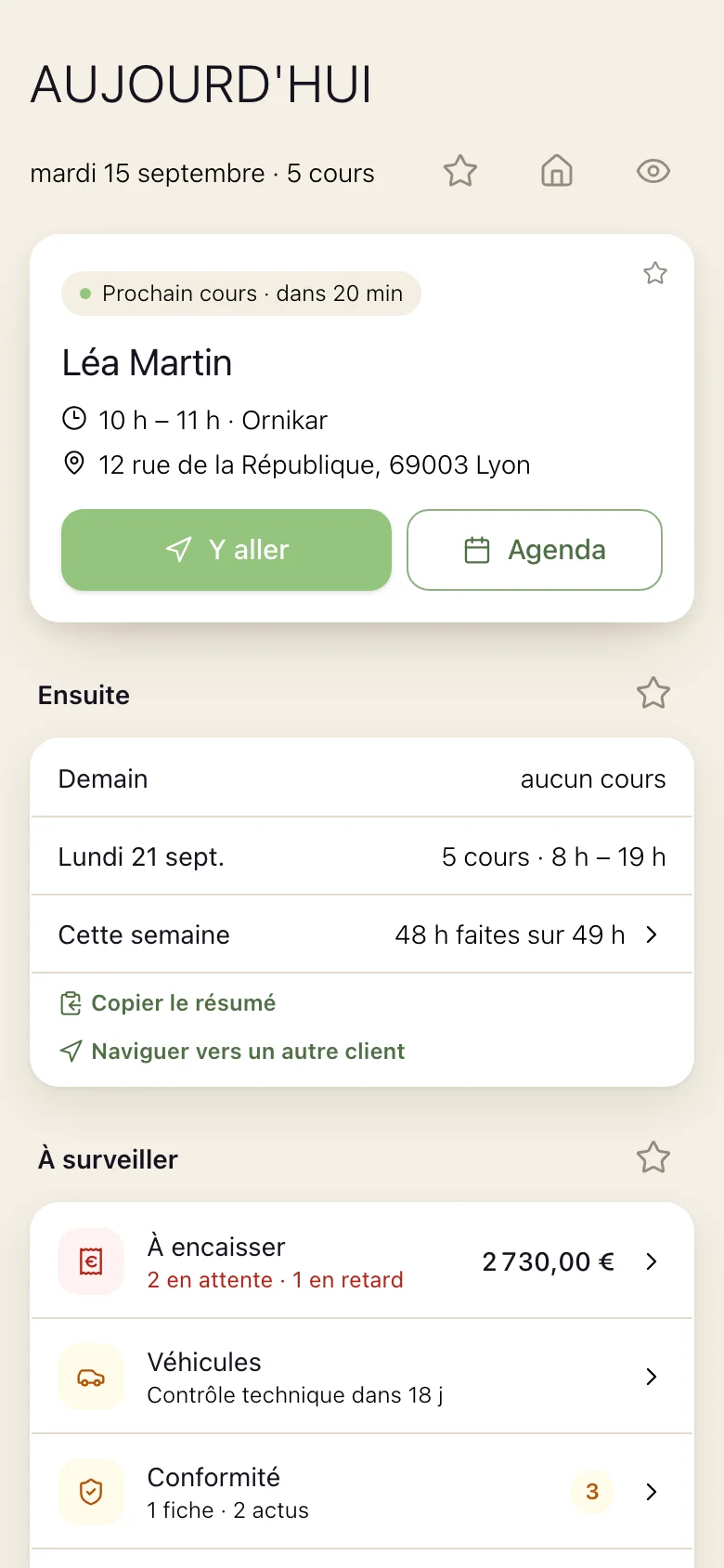 L'écran Aujourd'hui de libre ! : le prochain cours, son adresse et le bouton « Naviguer ».