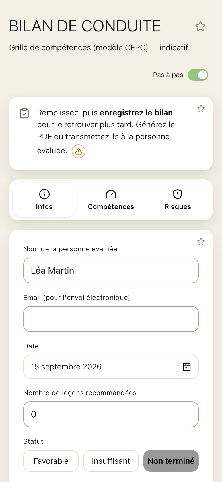 L'écran Bilan de conduite de libre ! : la grille de compétences, la personne évaluée et le résultat, favorable, insuffisant ou non terminé.