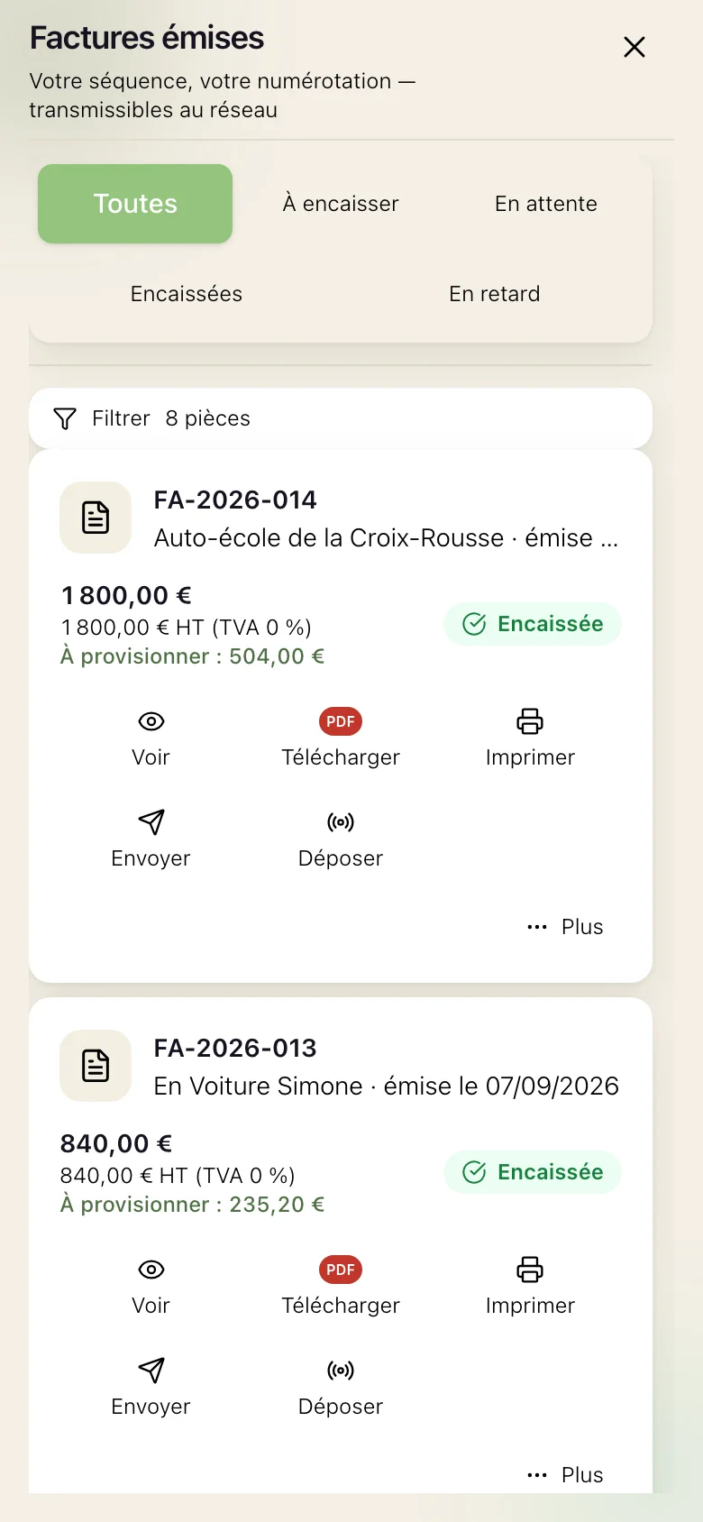 L'écran Factures de libre ! : une facture et son statut de paiement.