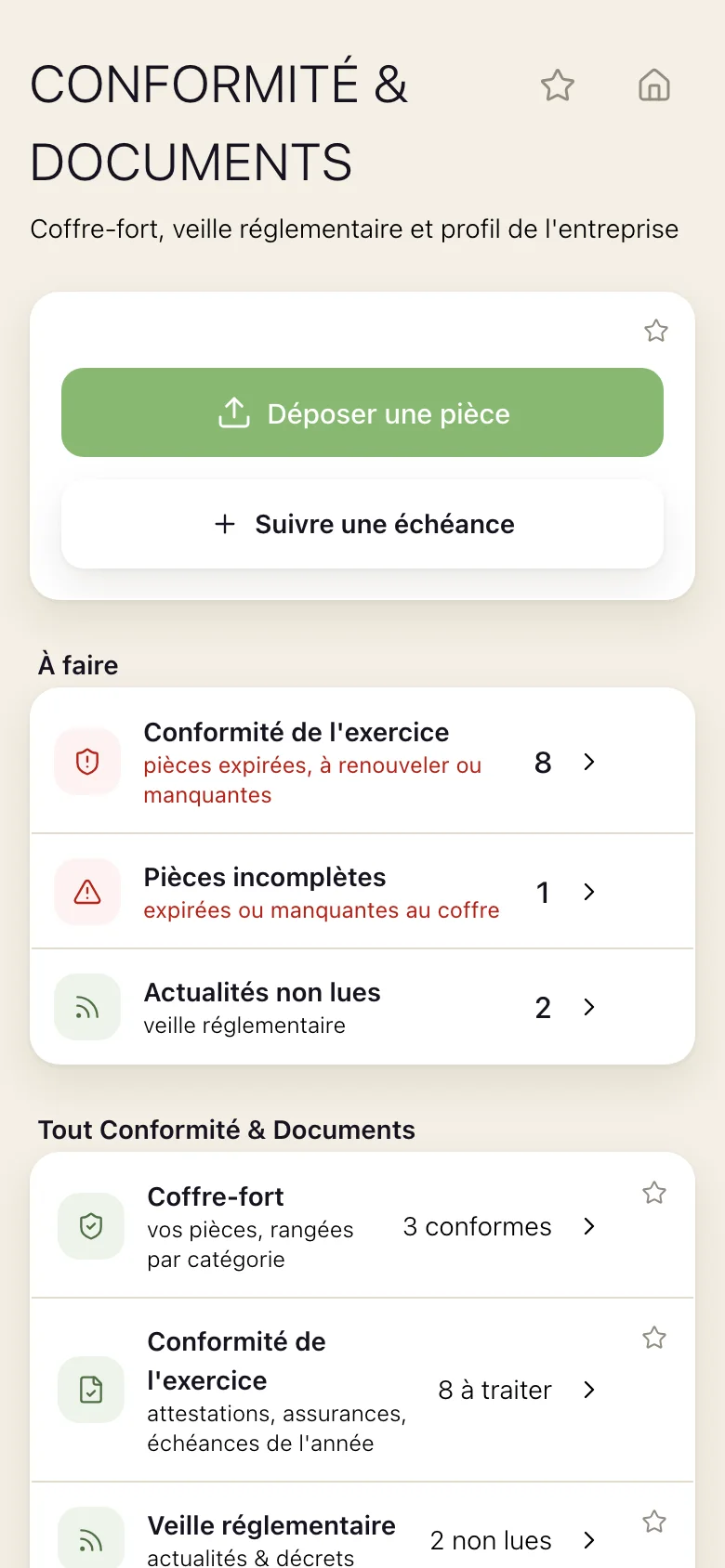 L'écran Conformité & Documents de libre ! : le coffre-fort, la veille réglementaire et le profil de l'entreprise.