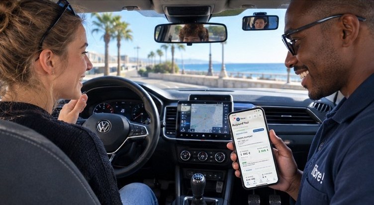 Un enseignant de la conduite montre l'application à son élève, à l'arrêt en bord de mer.
